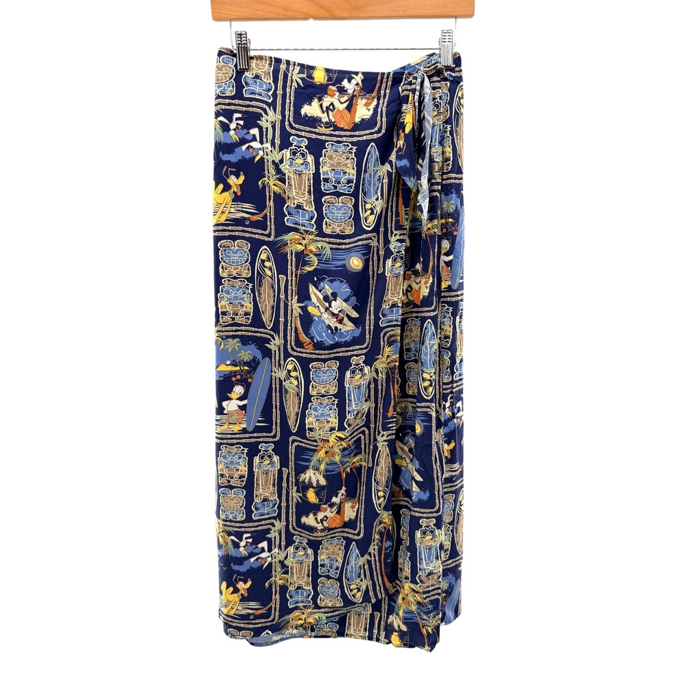 Vintage Disney Store Blue Hawaii Night Tiki Faux Wrap Maxi Skirt M Mickey Goofy